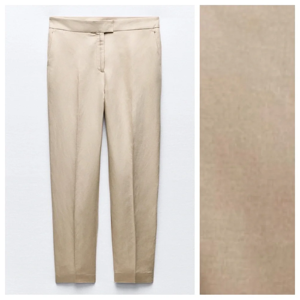 NWT. Zara Beige Viscose/Linen Blend Slim Fit High-Waisted Trousers. Size M.